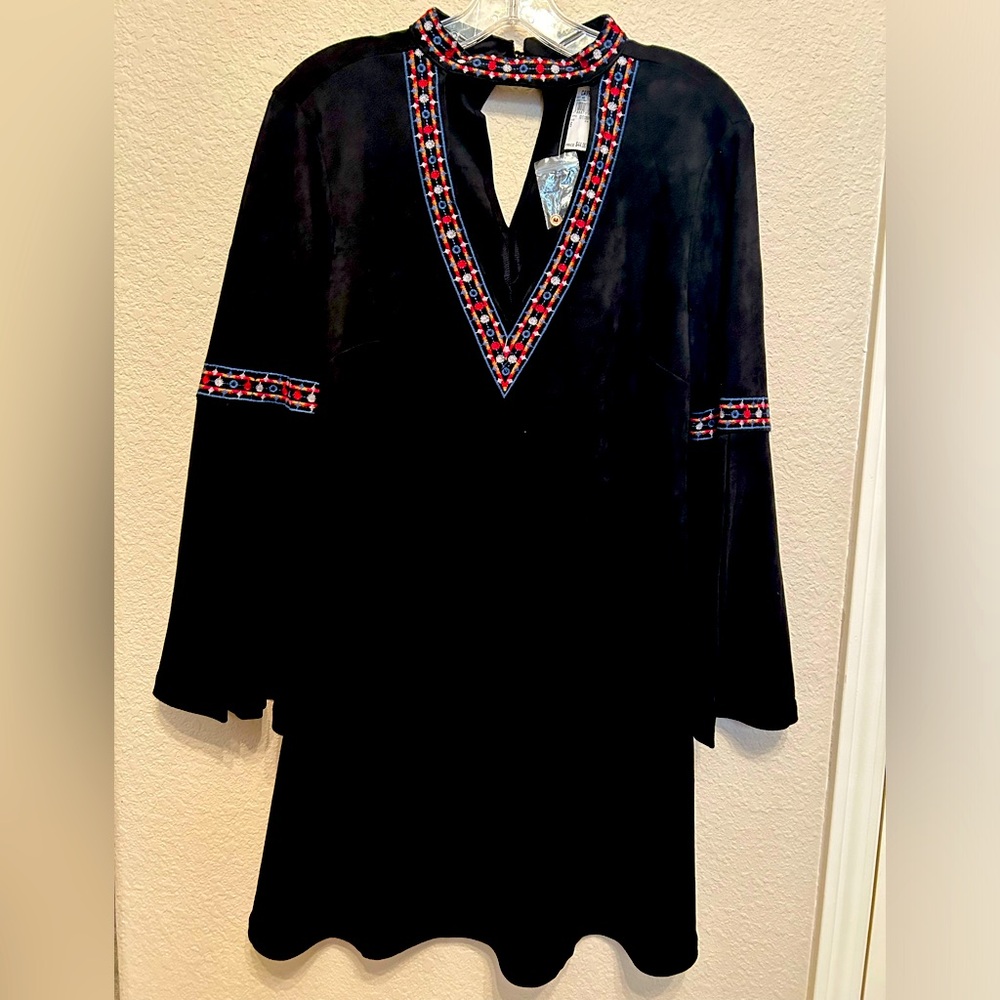 Embroidered Black Faux Suede Dress
